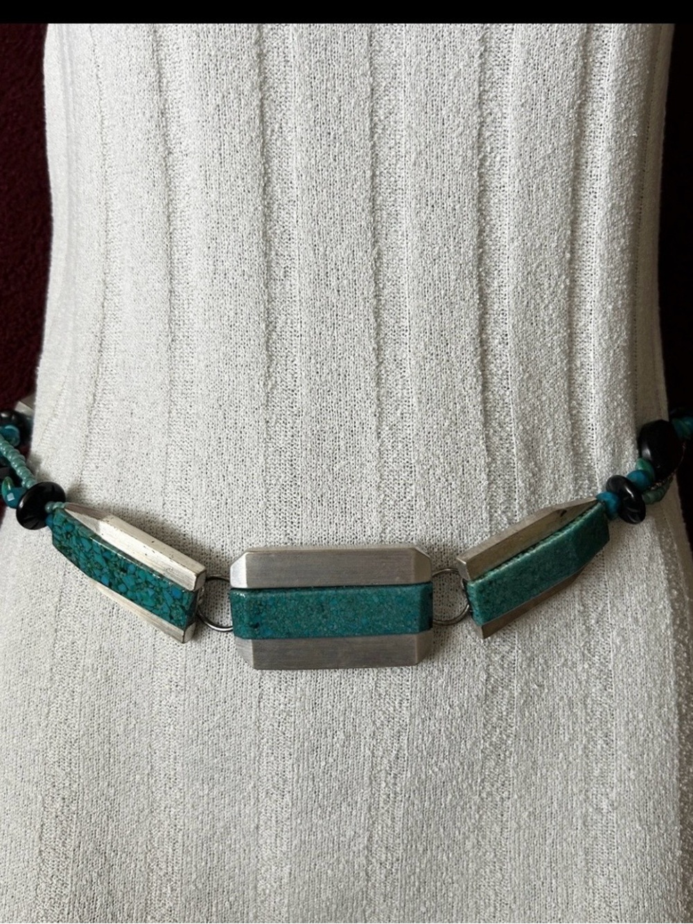 Chico's Vintage Chain Belt with Turquoise and Black Stones and Beads Silvertone
